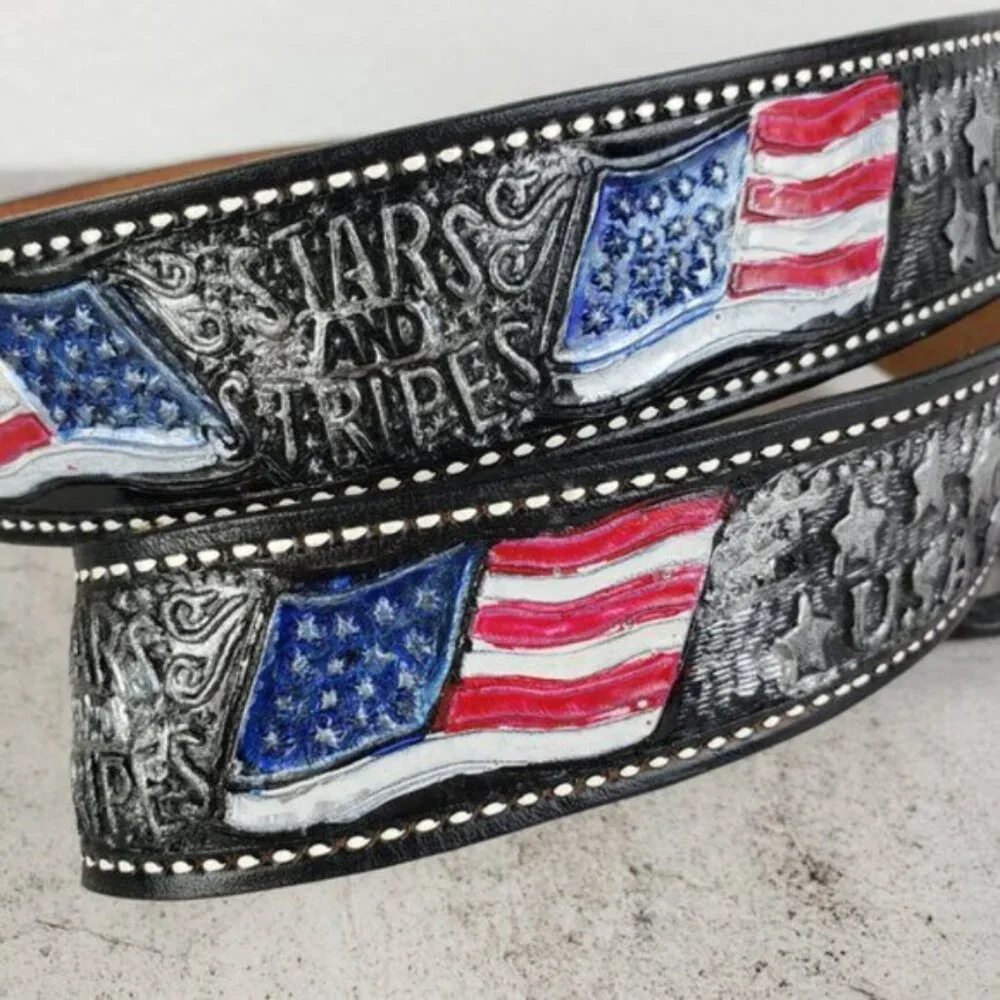 Vintage Leather Belt Tooled Painted Patriotic USA Flag size 38 Stars & Stripes
